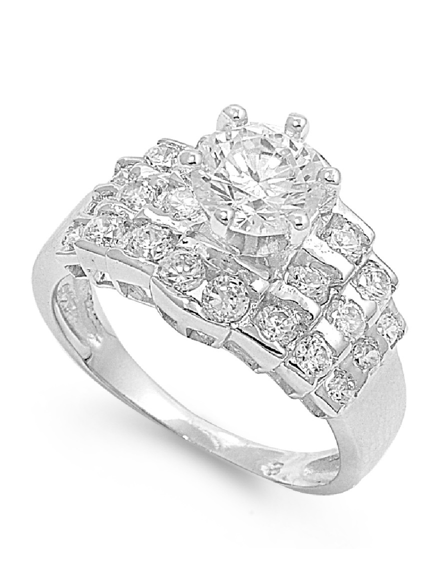 Stair Way Rung Stairway Patterned Round Center Cubic Zirconia Ring Sterling Silver 925 ...