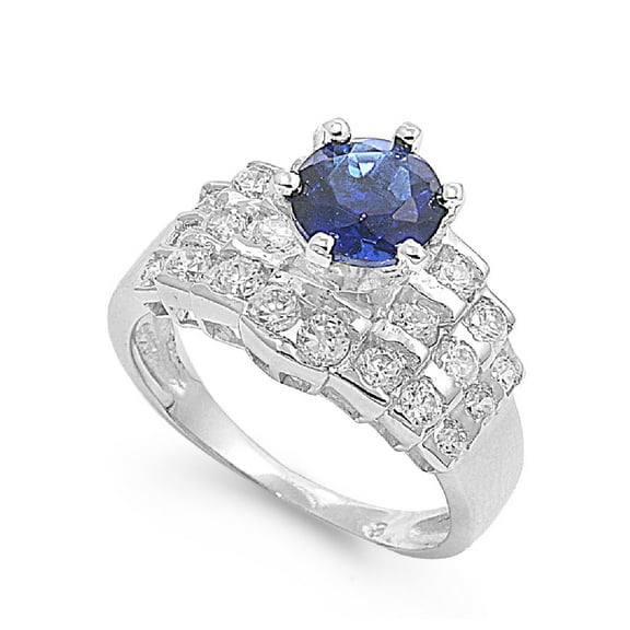 Stairway Patterned Round Center Simulated Sapphire Cubic Zirconia Ring Sterling Silver 925