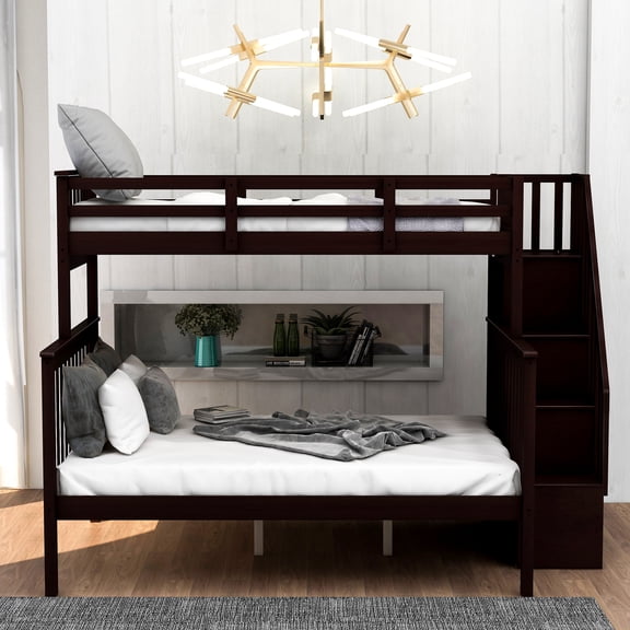 Stairway Twin-Over-Full Bunk Bed with Storage and Guard Rail, Solid Pine Construction with 4 Staircase Storage Compartments, Converts into 2 Beds, No Box Spring Needed, Espresso