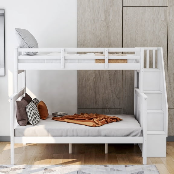 Stairway Twin-Over-Full Bunk Bed with Storage and Guard Rail, Solid Pine Construction with 4 Staircase Storage Compartments, Converts into 2 Beds, No Box Spring Needed, White