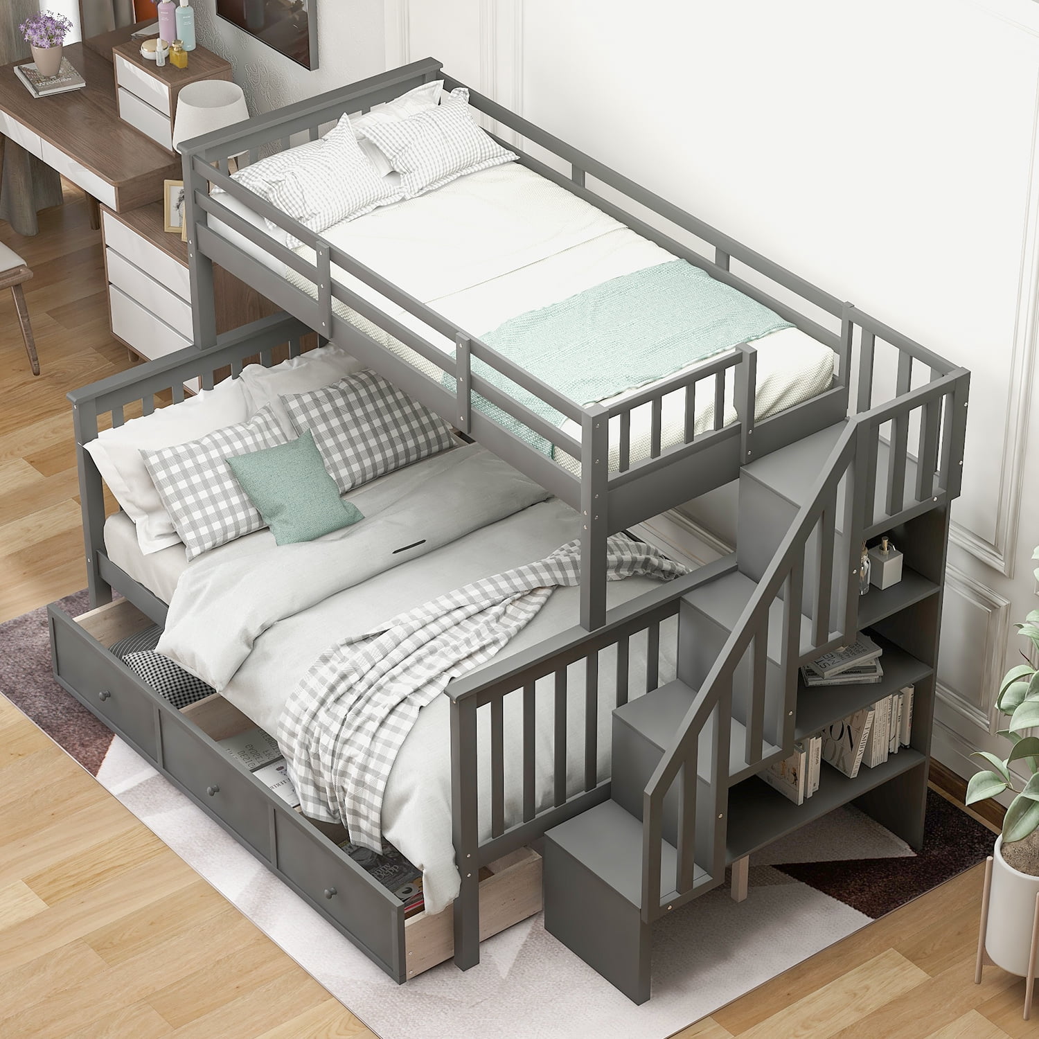 Stairway Twin-Over-Full Bunk Bed with Drawer, Storage and Guard Rail