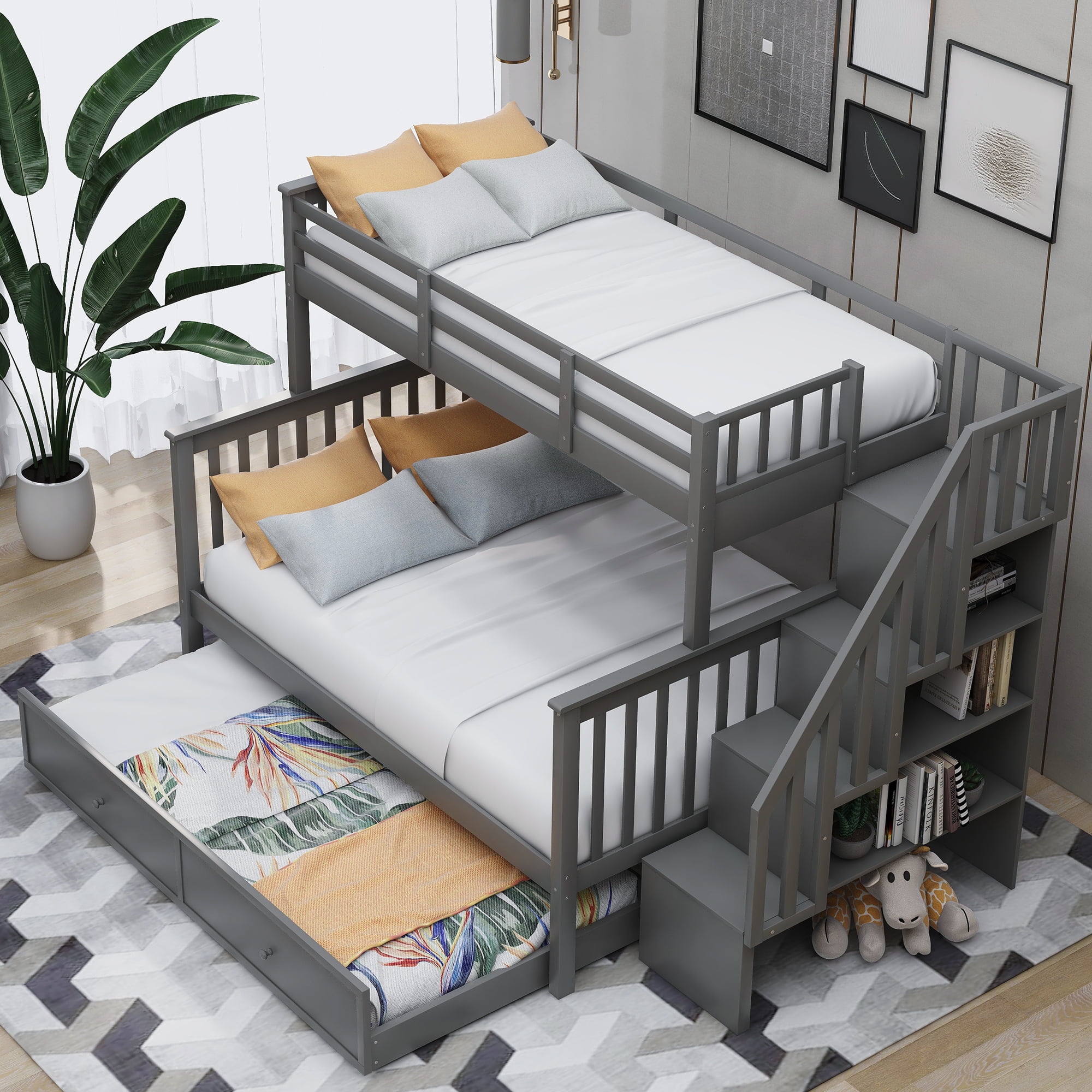 Stairway Twin-Over-Full Bunk Beds with Storage and Guard Rail, Bunk Bed for Bedroom, Dark Gray