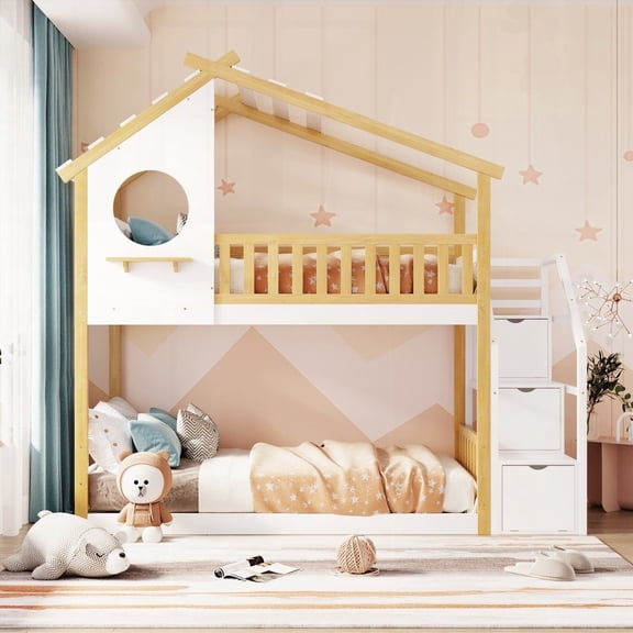 Stairway Twin-Over-Twin Bunk Bed: Playhouse with Storage & Guard Rail, Natural + White
