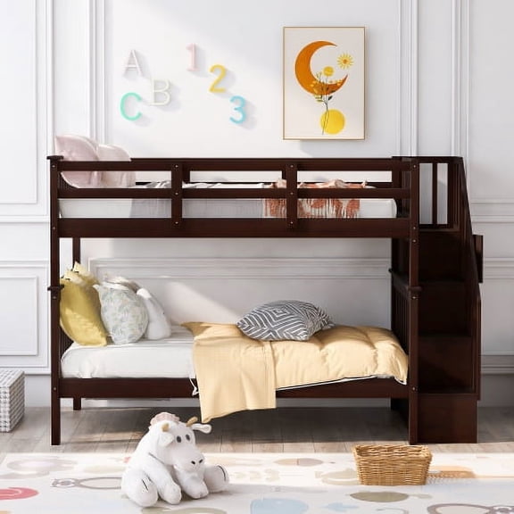 Stairway Twin-Over-Twin Bunk Bed with Storage, Solid Pine Construction with 4 Staircase Compartments, Converts into 2 Twin Beds, Full-Length Guardrails, No Box Spring Needed, Espresso