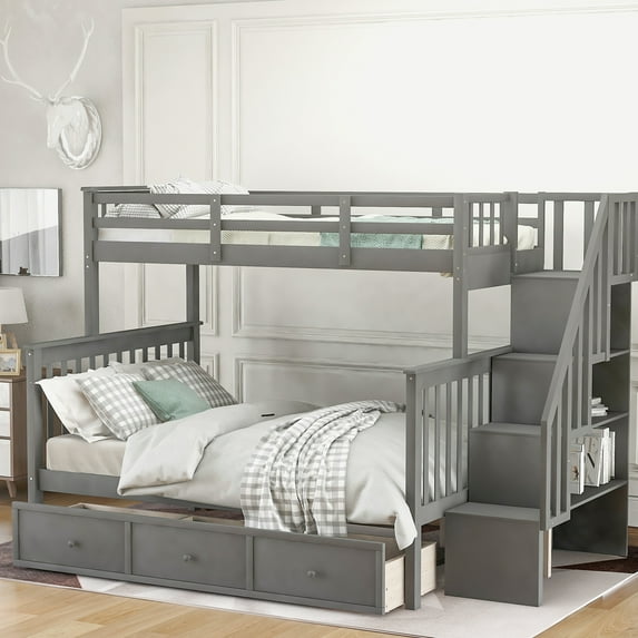 Stairway Twin-over-full Bunk Bed With Storage, Gray. Safe For Bedroom, Dorm Space. Fits Adults. Solid Pine Construction. Easy To Assemble Gray Drawer. And Stylish Use. Accommodates Wood. Assembly