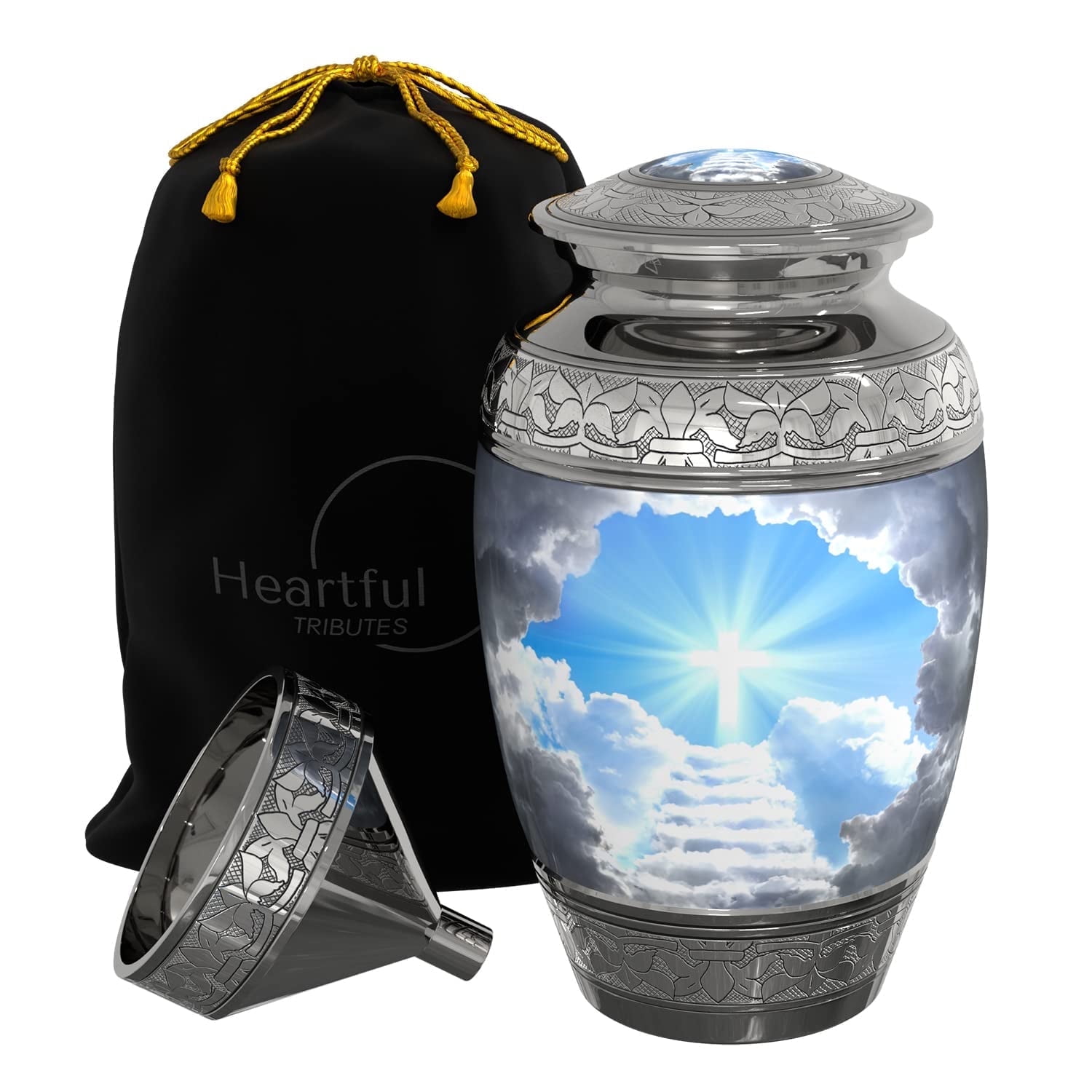 Large Polished Metal Cremation Urn with Cross and Clouds Design
