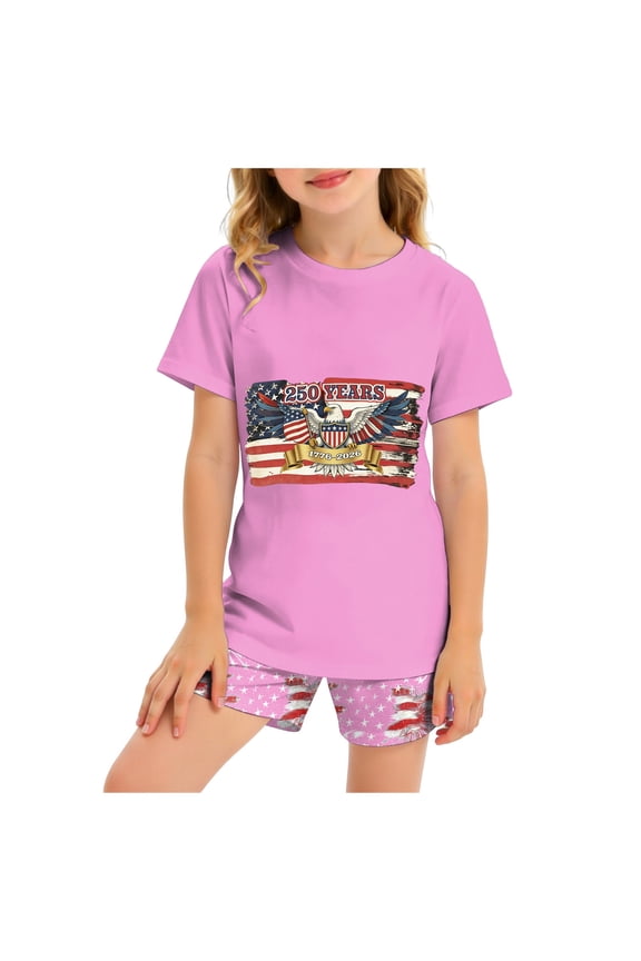 2pcs 4th of July Outfits Girls 4th of July Outfit American Flag Shirt Shorts 4th Of July Outfits for Toddler Girls 2-9Y 10-12Y(Pink,6-7 Years)