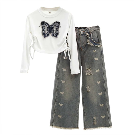 Staki 3-9Years Spring Fall Clothing Sets Kid Girls Pullover Long Sleeve T Shirt and Embroider Butterfly Jeans,7-8 Years