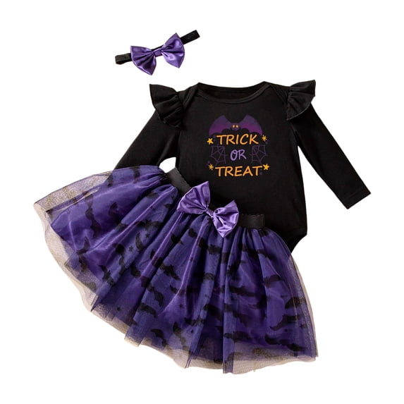 Staki 3Pcs Baby Girl First Halloween Outfit Infant Romper Dress Bow Tutu Skirt with Headband Newborn Halloweeng Bodysuit(Purple,12-18 Months)