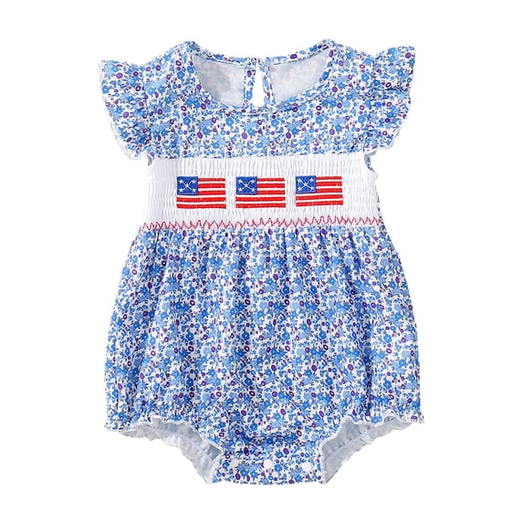 Staki 4th of July Baby Girl Outfits Baby Girl 4th of July Outfits Newborn Smocked Bubble Romper Bodysuit Ruffle American Flag Memorial Day Outfit 0-24M(Blue,18-24 Months)