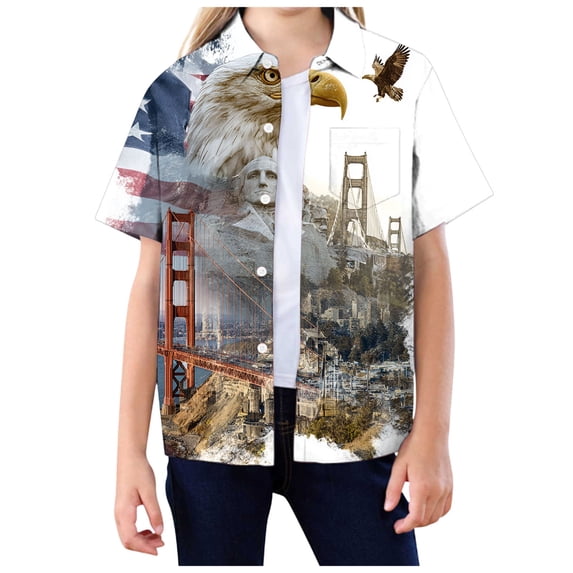 Staki 4th of July Button up Shirt American Flag Shirt for Girls: 4th July Graphic T-Shirts Patriotic USA Flag Star Stripes Tees Hawaiian Button Down Tops 4T 5T 285T(Sky Blue,14-15 Years)