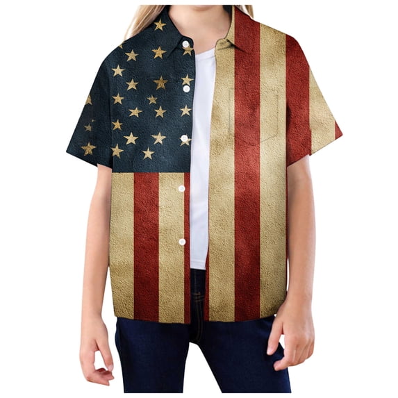 Staki 4th of July Button up Shirt USA Flag Shirt Kids 4th of July Button Down Shirts Girls Boys Patriotic Short Sleeve Independence Day Tee Tops 4T 5T 444T(Dark Purple,11-12 Years)