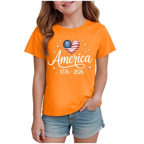 Staki 4th of July Girls Shirt Girls 4th of July Shirts-Patriotic American Flag T-Shirts for Kids Toddler Girls Memorial Day USA Tees(Orange,11-12 Years)