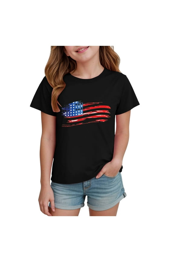 4th of July Shirt Kids 4th of July T-Shirt Boys Girls America Too Graphic Shirt Independence Day Patriotic Short Sleeve Tops 2-9Y 10-14Y(Black,11-12 Years)