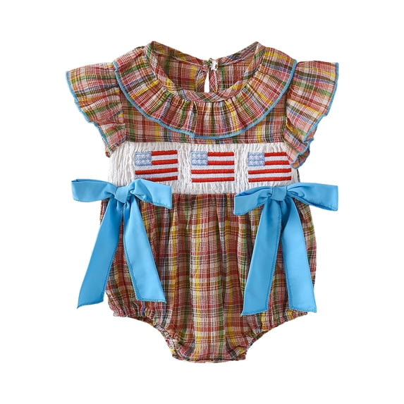 Staki 4th of July Toddler Girl Outfit Toddler Baby Girl Clothes Summer Smocked Bubble Romper Embroidery Onesie Short Sleeve Bodysuit Cute 0-24M(Brown,18-24 Months)