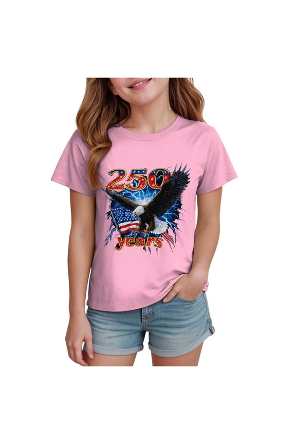 4th of July Tops Tshirt Kids Toddler American Flag Tshirt for Girls Patriotic Tops Kids 4th of July Outfits Tee USA Short Seleve 2T,3T,4T(Pink,5-6 Years)