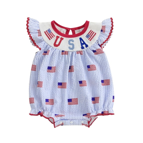 Staki 4th of July Outfit Newborn Infant Baby Girl Sleeveless Romper Dress USA Flag Embroidery Independence Day Bodysuit 6M 12M 18M,6-12 Months