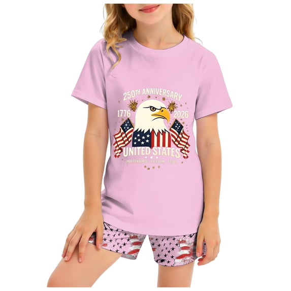 Staki 4th of July Outfits Girls Clothes Short Sleeve Tops + Shorts Kids Summer T-shirt Outfit 2-9Y 10-12Y(Light Pink,6-7 Years)