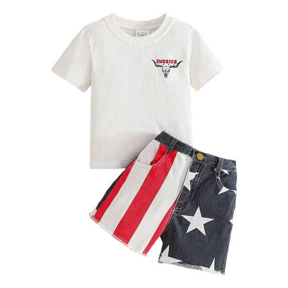 Staki 4th of July Toddler Baby Boy Outfit USA Flag Embroidery Short Sleeve T-Shirt Top and Shorts 2 Piece Set 6 12 18M White,2-3 Years