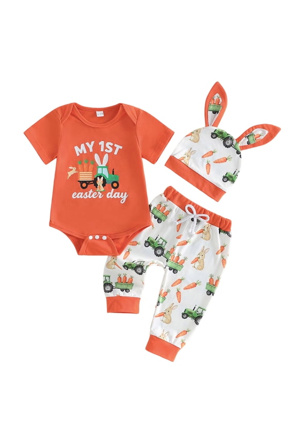 Baby Boy Romper Pant Set Newborn Baby Boy 3Pcs Summer Clothes Short Sleeve Letter Embroidery Romper Pants Set with Hat 0-18M(Orange,0-3 Months)