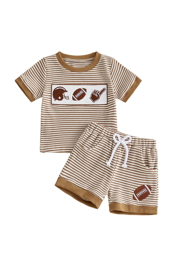 Baby Boy Stripes Shorts Set Boys' 2-Piece Summer Outfit Short Sleeve Graphic T-Shirt and Shorts Set Toddler to Big Kid 6-24M 2-4Y(Brown,12-18 Months)