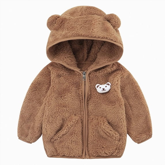 Staki Baby Boys Winter Jacket Coat 0-24 Months Fleece Bear Hooded Outerwear(Brown,12-18 Months)