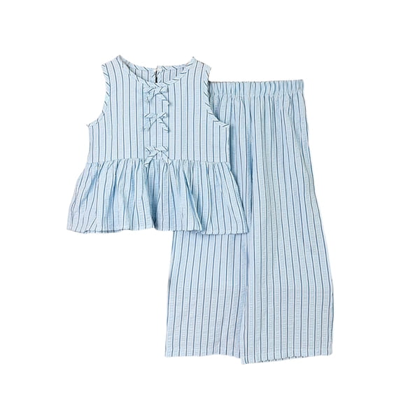 Staki Baby Cloths Girls' Pant Sets 2 Piece Summer Outfit Kids Toddler Solid Ruffle Sleeveless Crop Tank Top and Trouser Set 2-7Y(Blue,5-6 Years)