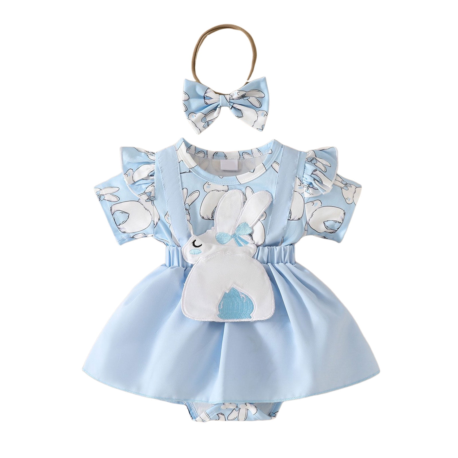 Staki Baby Dress Bodysuit Newborn Baby Girl Summer Dress Ruffle Sleeveless Floral Embroidery Romper Dress Headband Beautiful Clothes Set 0-18M(Dark Blue,9-12 Months)