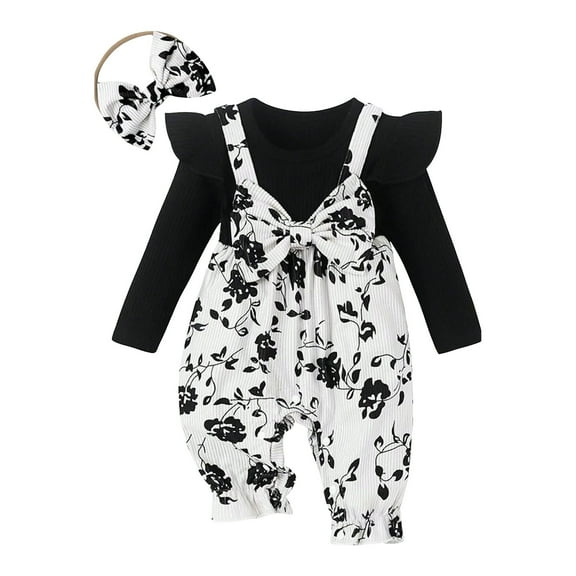 Staki Baby Fall Clothes Girl Baby Girl Clothes Ruffle Jumpsuit Romper Infant Outfit for Baby Girl 1M,3M,6M,9M,12M,18M(Black,3-6 Months)