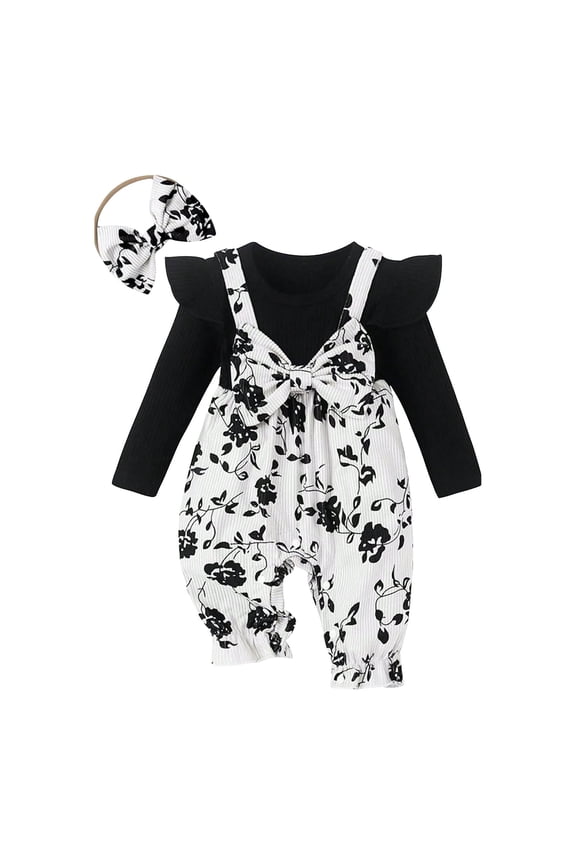 Baby Fall Clothes Girl Baby Girl Clothes Ruffle Jumpsuit Romper Infant Outfit for Baby Girl 1M,3M,6M,9M,12M,18M(Black,3-6 Months)