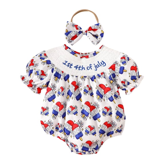 Staki Baby Fourth of July Outfit Girl Fourth Of July Baby Girl Outfit Infant Bow Stars Smocked Romper Newborn USA Bodysuit Toddler 4th Of July Clothes 0-18M(Blue,3-6 Months)