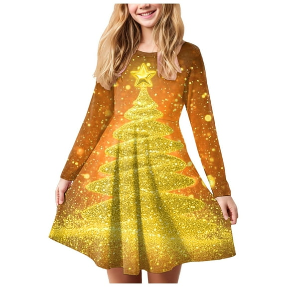 Staki Baby Girl Christmas Dress Toddler Girl Christmas Dress Baby Sweater Dresses Ruffle Ribbed Knit Long Sleeve A-Line Swing Fall Winter(Gold,17-18 Years)