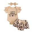thumbnail image 1 of Staki Baby Girl Clothes,Girl Summer Outfit Romper Sets Ruffle Short Sleeve Top+Shorts+ Bow Hairband 3Pcs Set 3M 6M 9M Beige,0-3 Months, 1 of 5