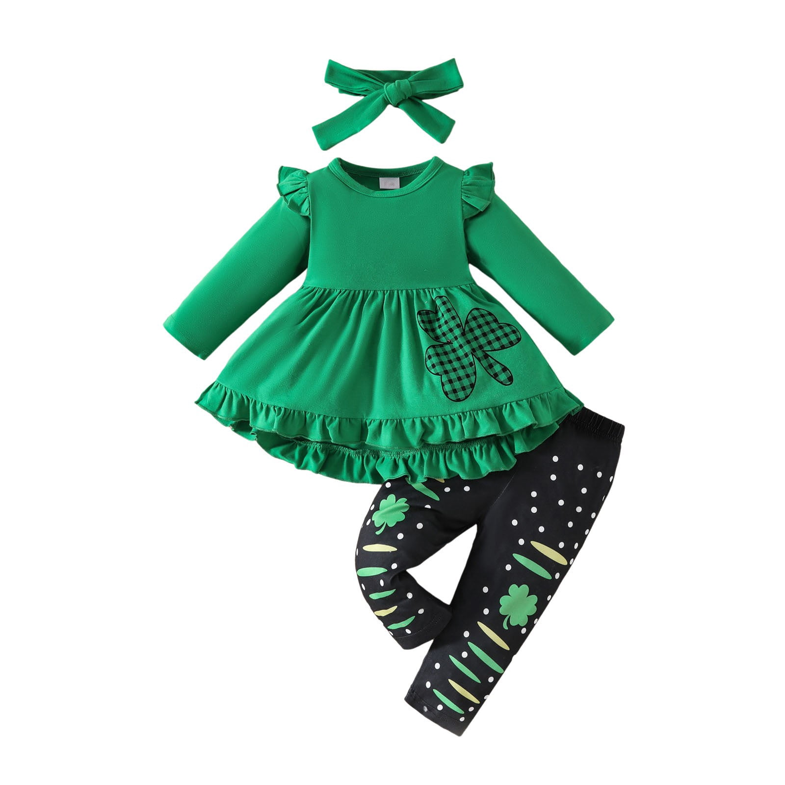Staki Baby Girl Clothes Toddler Girl Outfit Ruffle Sleeve Shirt Floral Pant Set Fall Winter Clothing for Girl St. Patrick's Day Outfit Girl 9M,12-24M,2-3T(Green,9-12 Months)
