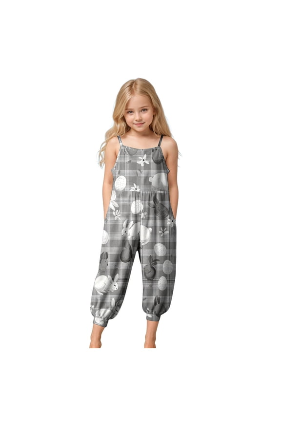 Baby Girl Easter Jumpsuit Girls Wide Leg Jumpsuit Kids Casual Sleeveless Romper Spaghetti Overalls with Pockets 1-10Y(Gray,3-4 Years)