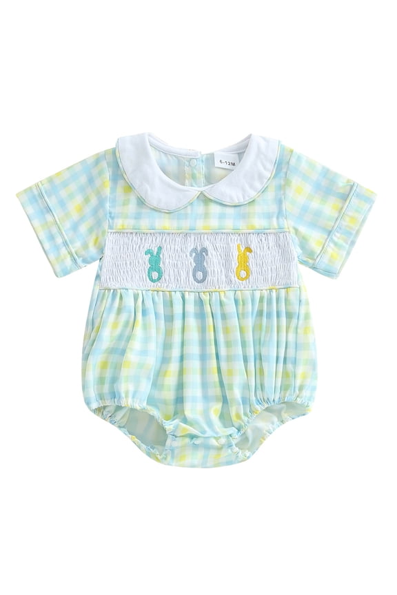 Baby Girl Easter Outfit Infant Bunny Smocked Bubble Romper Newborn Floral Print Bodysuit Toddler Summer Clothes Easter Smocked Baby Girl 0-18M(Light Green,6-12 Months)