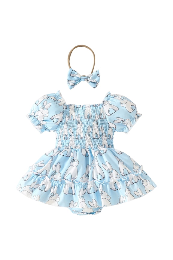 Baby Girl Easter Outfit Newborn Bow Eggs Embroidery Smocked Bubble Romper Easter Onesie Infant Cute Summer Clothes Baby Girl Smocked Outfits 0-18M(Sky Blue,6-9 Months)
