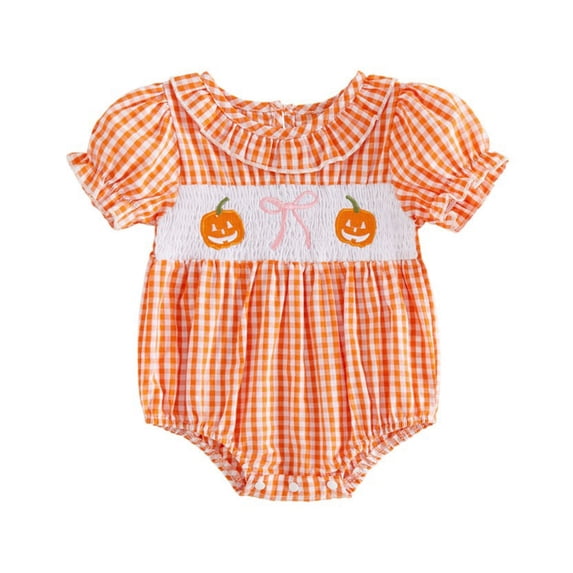 Staki Baby Girl Halloween Outfit Cute Infant Plaid Pumpkin Bubble Romper Short Sleeve Bubble Romper Halloween Newborn Girl Outfit, Baby Pumpkin Clothes(Orange,0-3 Months)