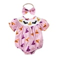 thumbnail image 1 of Staki Baby Girl Halloween Outfit Short Sleeve Bubble Romper Cute Clothes Newborn Pumpkin Smocked Bodysuit Halloween Outfit(Purple,3-6 Months), 1 of 7