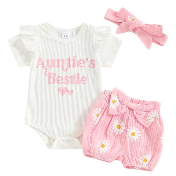 Staki Baby Girl Short Top and Pants Set Newborn Baby Girl Clothes Summer Knit Ribbed Print Short Sleeve Romper Shorts Headband Outfit Set 0-18M(Pink,12-18 Months)