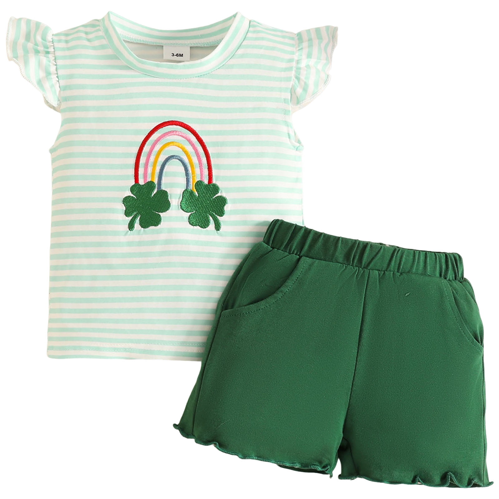 Staki Baby Girl St. Patricks Day Outfits Toddler Lucky Charm Tshirt Ruffle Clover Print Tops+Ruffle Cuff Striped Pants Set St. Patrick's Day Shorts 3-24M 2-3Y(Green,2-3 Years)