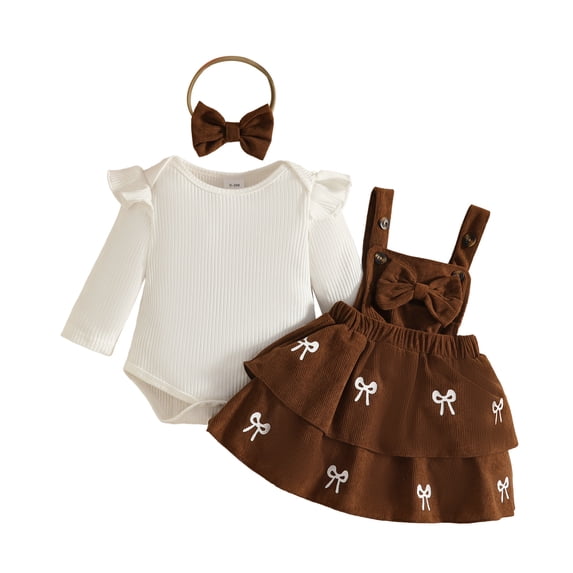 Staki Baby Girl Winter Clothes Toddler Girl Spring Outfit Long Sleeve Ruffle Romper Suspender Skirt Headband Set 0-24M,6-12 Months