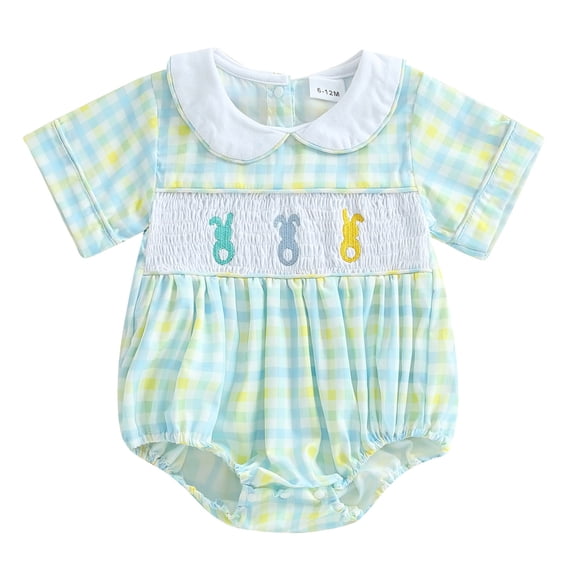 Staki Baby Girls Easter Romper Dress Bunny Printed Short Puff Sleeve Smocked Jumpsuit with Bow Headband Baby Easter Outfit Girl 0-18M(Light Green,12-18 Months)