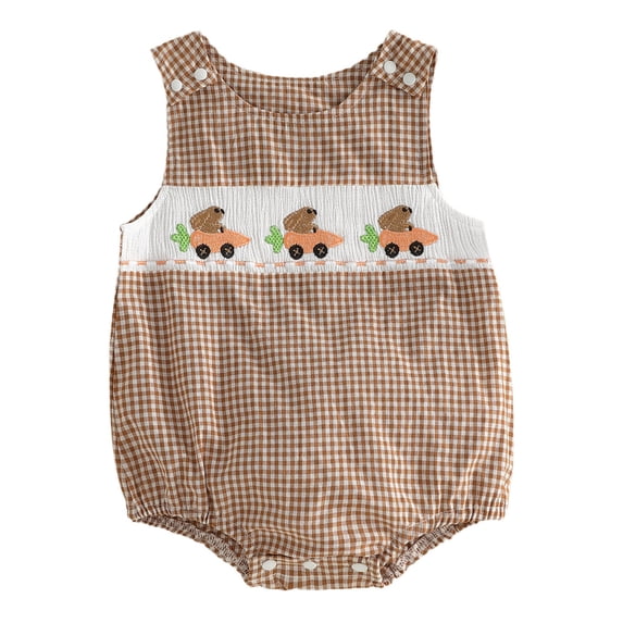 Staki Baby Girls Easter Romper Dress Bunny Printed Short Puff Sleeve Smocked Jumpsuit with Bow Headband Baby Girl Easter Outfit Romper Infant 0-18M(Brown,6-12 Months)