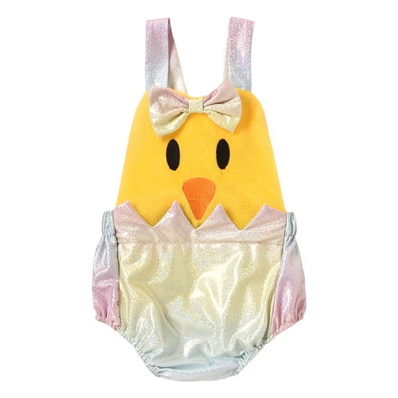 Staki Baby Girls Easter Romper Dress Bunny Printed Short Puff Sleeve Smocked Jumpsuit with Bow Headband Baby Smocked Romper 0-24M(Yellow,0-6 Months)