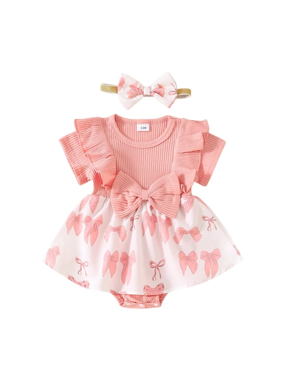 Baby Girls Overall Romper Embroidered Flutter Sleeve Layered Ruffled Jumpsuit Headband Outfits 6M 12M 18M Pink,0-3 Months