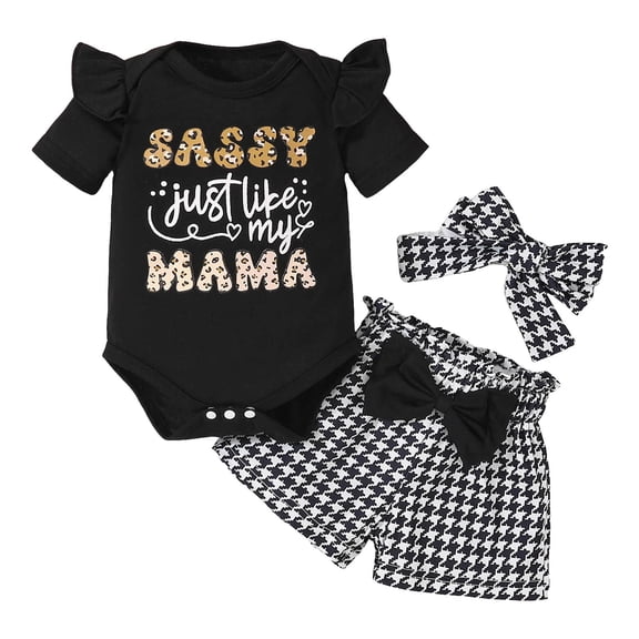 Staki Baby Girls Short Top Short Pants Baby Girl Clothes Infant Summer Outfits Set Ruffle Sleeve Romper and Shorts with Headband 0-3M,6M,9M,12M,18M(Black,0-3 Months)