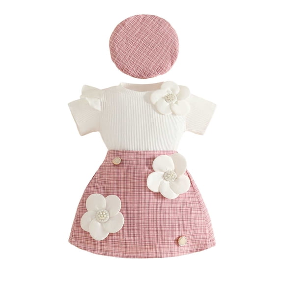 Staki Baby Girls Shorts Sets Toddler Baby Girl Skirt Set Ruffle Short Sleeve Bowknot Knitted T-Shirts Skirt Shorts Beret Baby 3Pcs Summer Clothes(Red,3 Years)