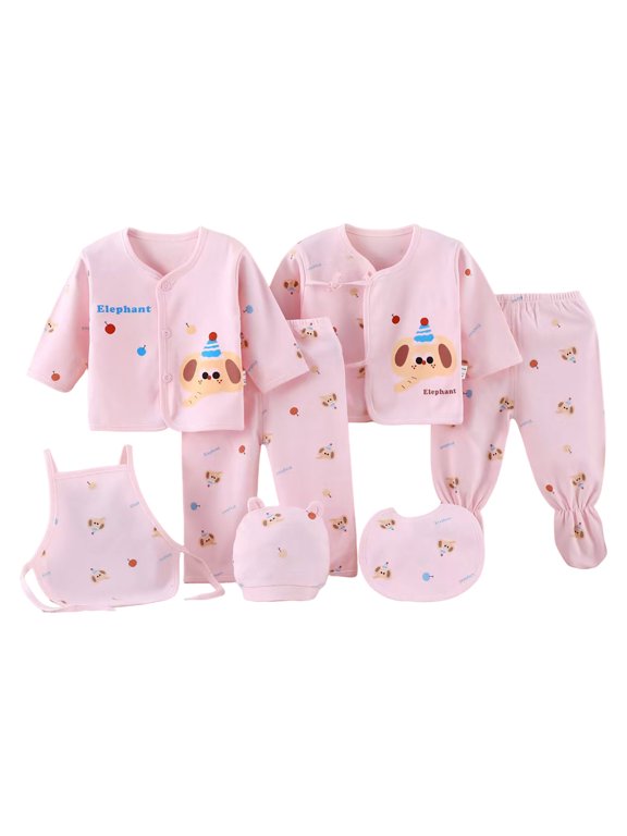 Baby Layette Gift Set for Boys or Girls Unisex Gift Sets 7 Piece Long Sleeve Tops+Hat+Pants+Bib Baby Clothes Must Haves(Pink,0-3 Months)