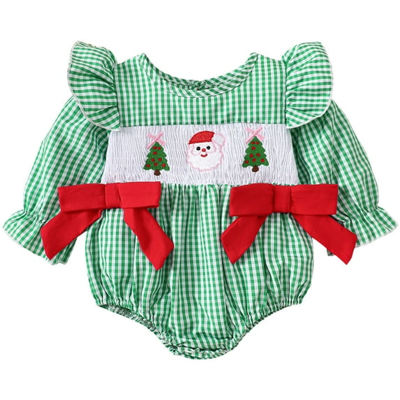 Staki Baby Onesies Newborn Baby Girl Christmas Smocked Romper Santa Plaid Jumpsuit Puff Long Sleeve Playsuit Infant Fall Xmas Outfit(Green,6M)